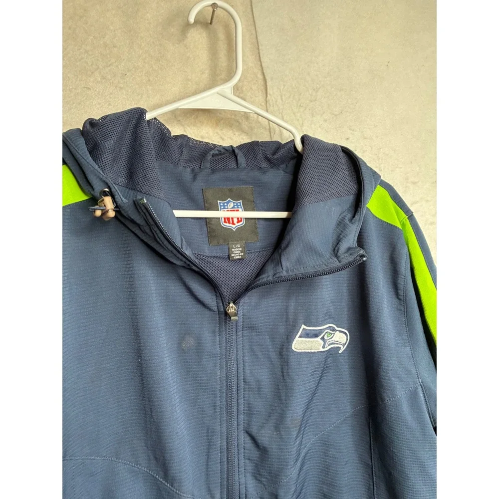 NFL Seattle Seahawks Windbreaker Jacket Navy Blue Neon Green Full Zip Hooded L